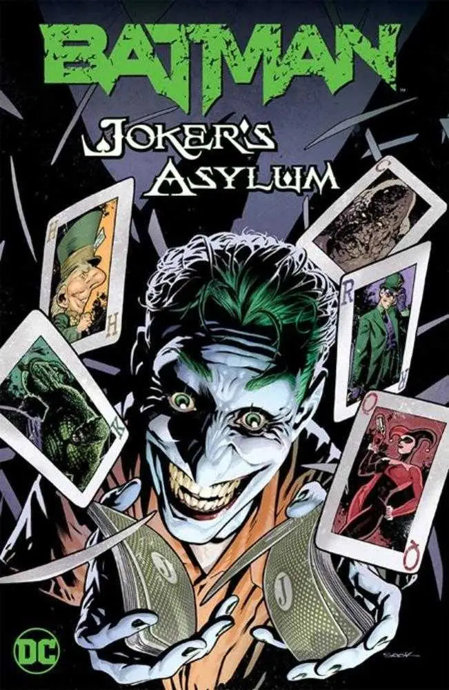 Comic book cover of Joker’s Asylum featuring Batman villains and playing cards in Jokers Asylum TPB