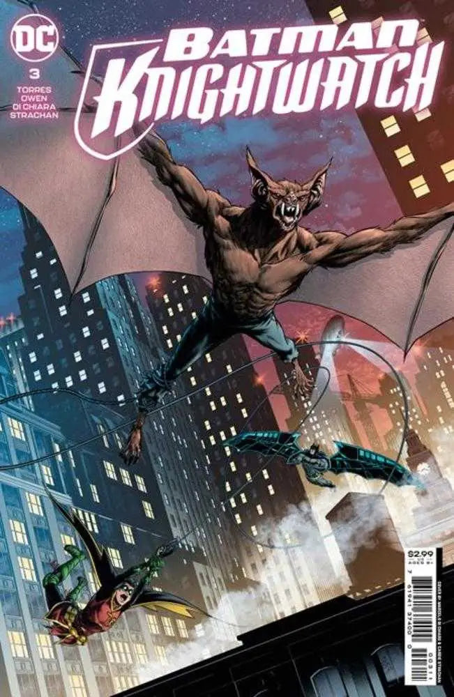 Winged creature leaping in cityscape on Batman Knightwatch #3 trading cards cover