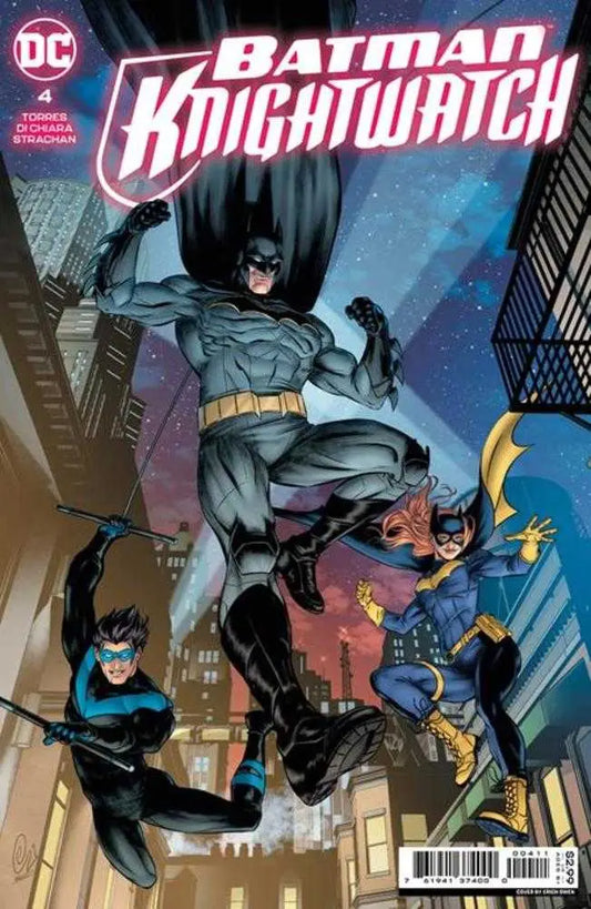 Comic book cover of Batman and heroes showcasing Batman Knightwatch #4 trading cards