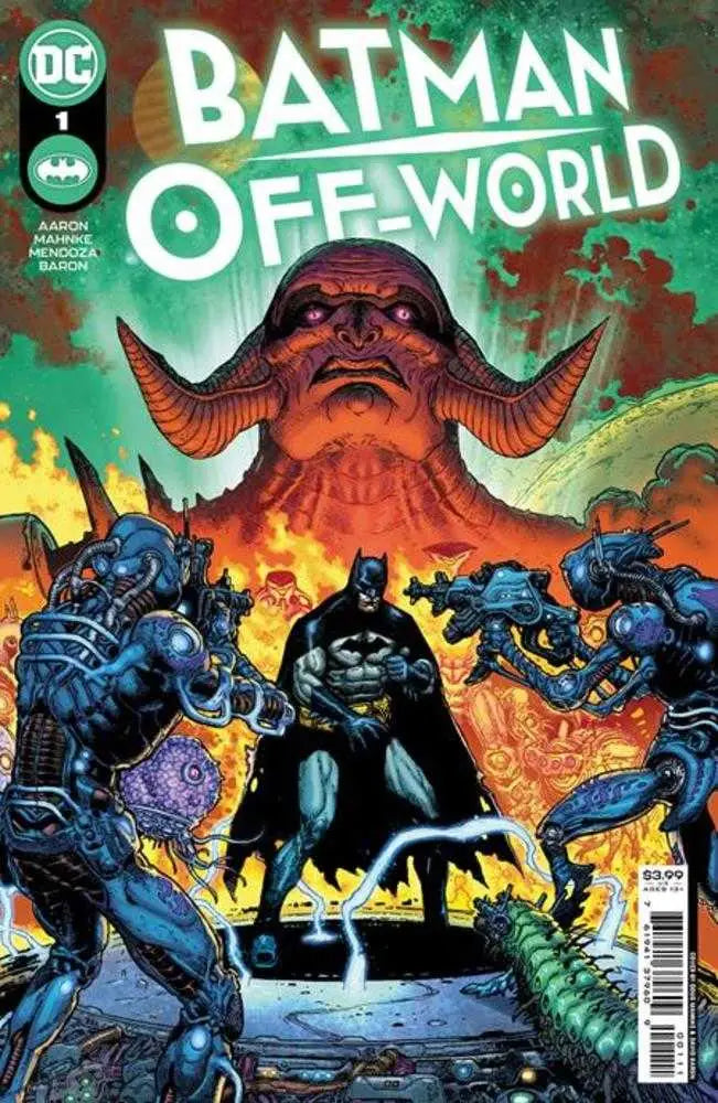 Batman Off-World #1 cover by Doug Mahnke featuring Batman battling a horned monster