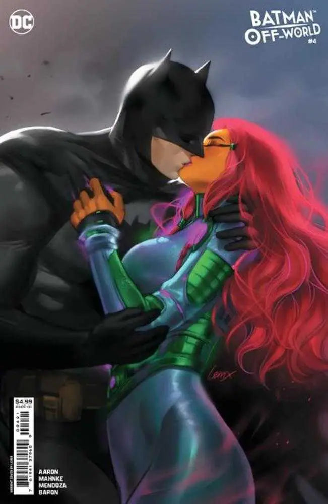 Batman Off-World #4 cover artwork with Batman and red-haired character in intimate pose