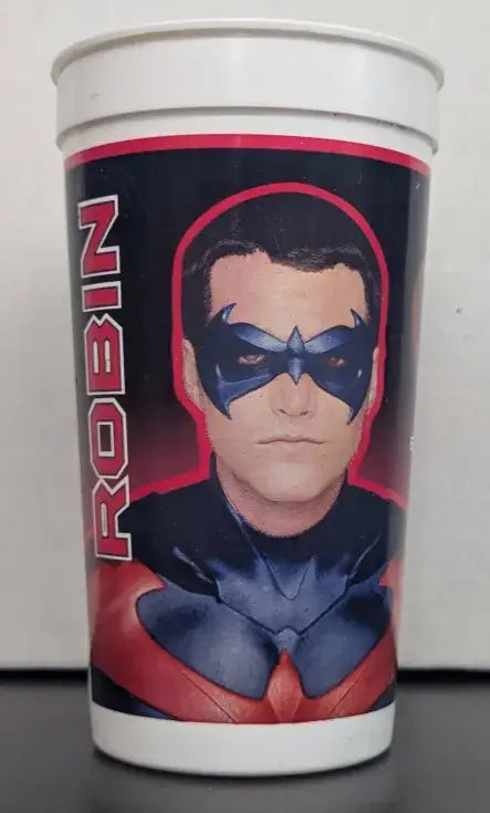 Robin-themed plastic collectible cup from Batman & Robin 1997 Taco Bell collection