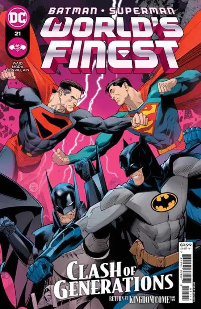 Comic book cover of Batman and Superman battling alternate versions, ideal for trading cards