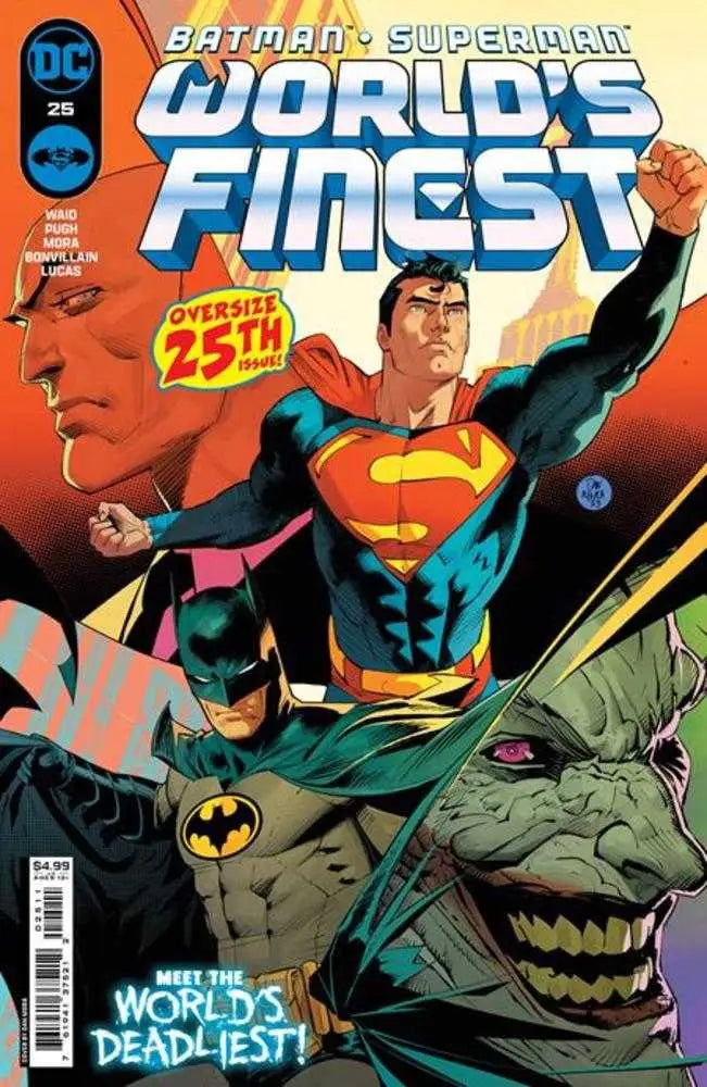 Batman Superman World’s Finest #25 cover featuring heroes and a menacing villain