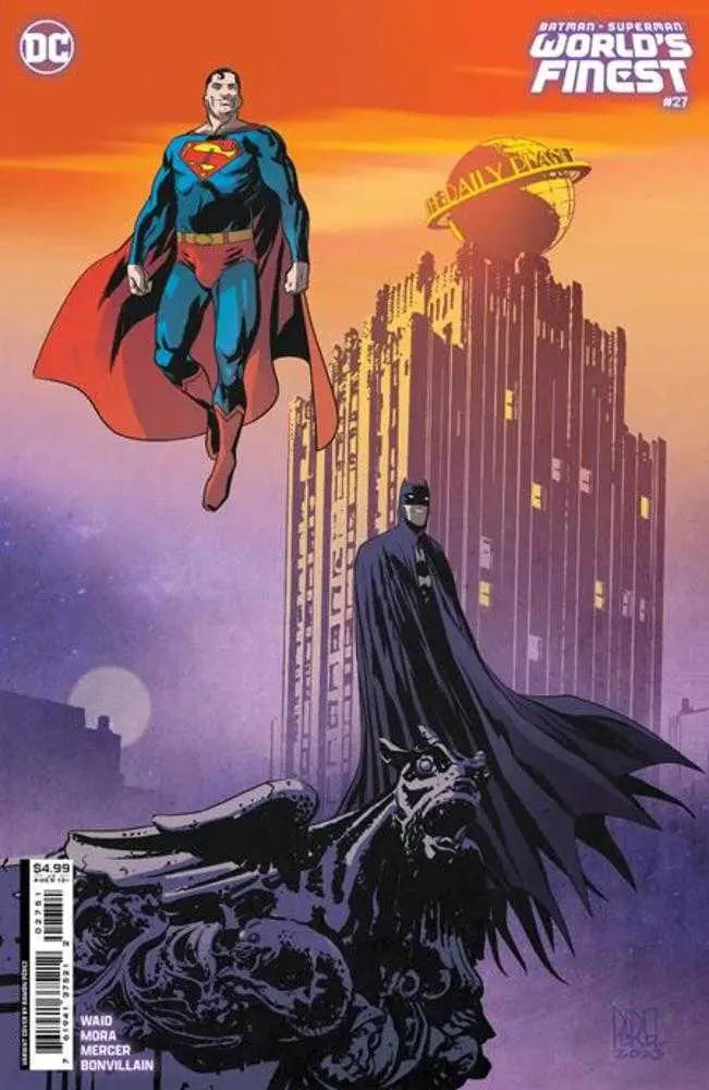 Comic book cover of Batman and Superman against a sunset, ideal for trading cards