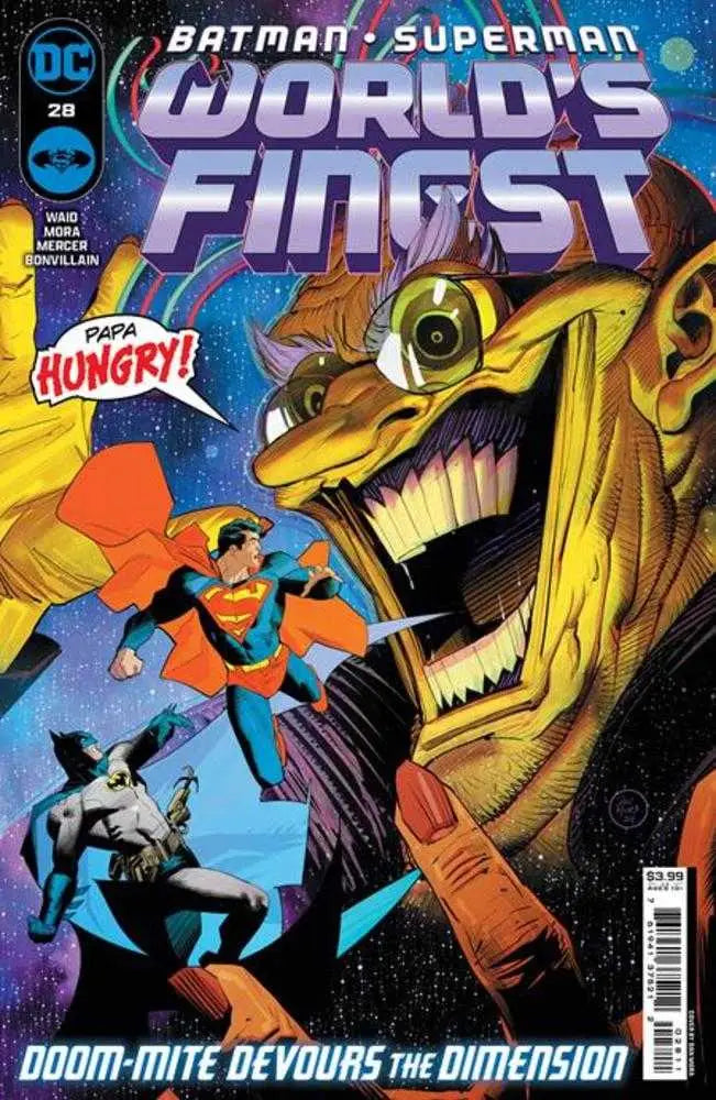 Golden robotic dinosaur with glowing eyes on Batman Superman trading card cover