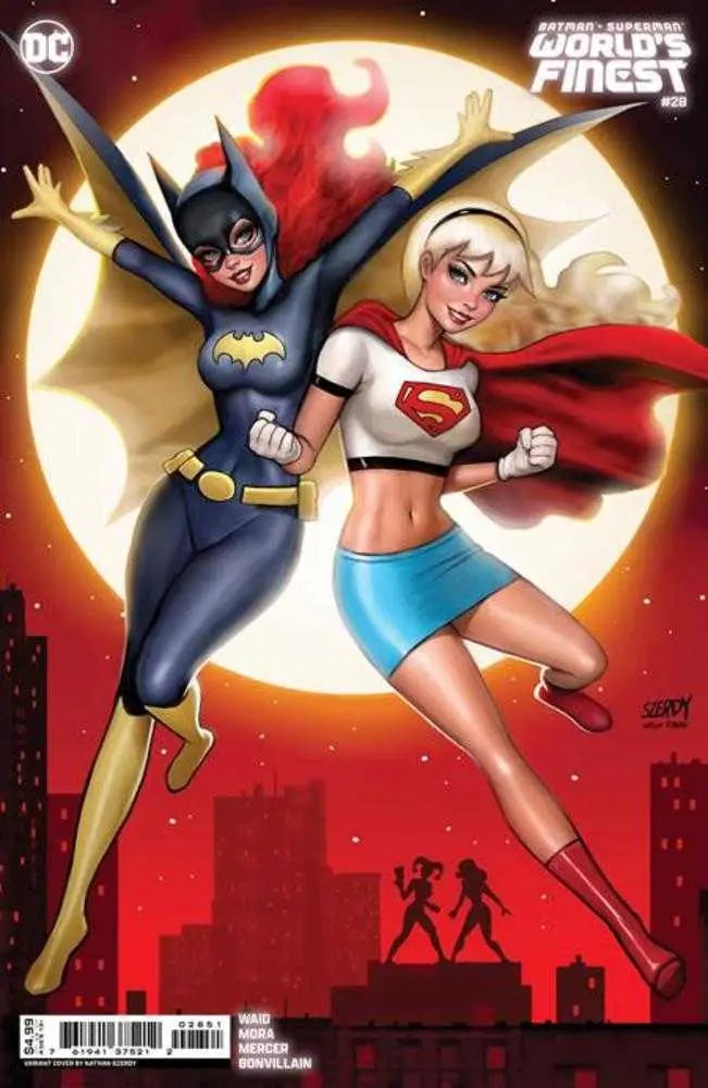 Batgirl and Supergirl flying in superhero poses on Batman Superman Worlds Finest trading card