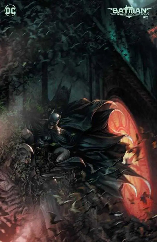 Dark caped figure in red and black mist from Batman The Brave And The Bold #12 cover art