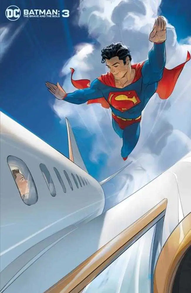 Superman soaring over a commercial airplane in Batman The Brave And The Bold #3 variant
