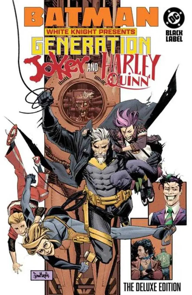 Comic book featuring White Knight Batman and Generation Joker Harley Quinn in deluxe edition hardcover