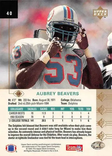 1994 SP #40 Aubrey Beavers NM-MT RC Rookie Dolphins - Football Card Single