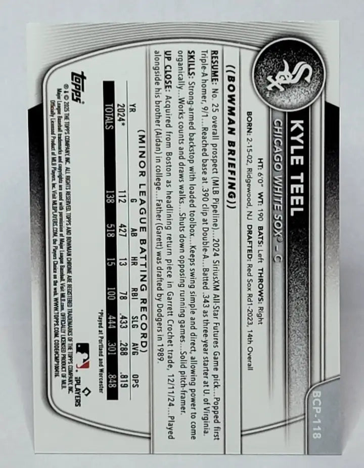 Kyle Teel Bowman Chrome baseball card from Chicago White Sox product BCP-118