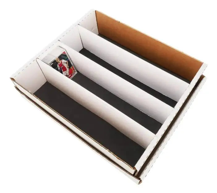 Card box with slip guards and four compartments for organizing trading cards