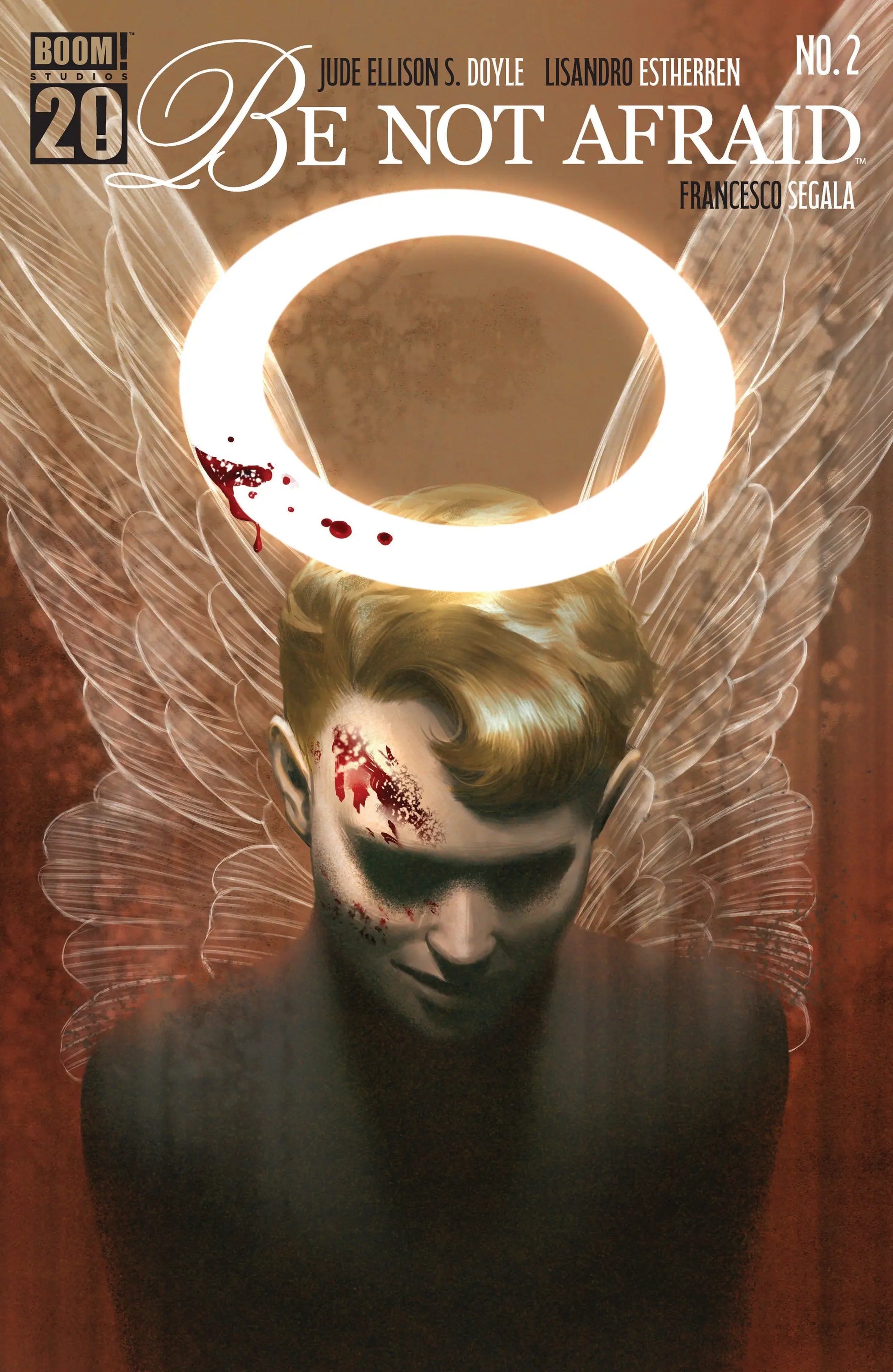 Comic book cover featuring wounded angel with blood-stained halo from Be Not Afraid #2 main dressed Murakami
