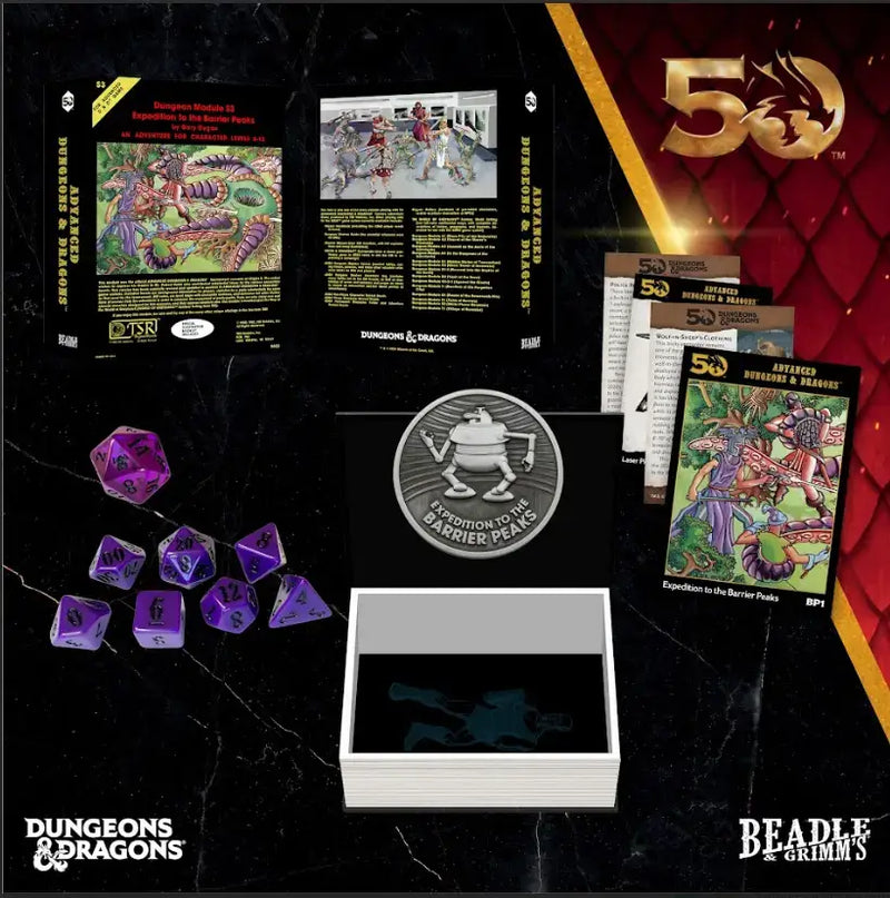 Dungeons & Dragons 50th anniversary merchandise with classic module dice and collectible items