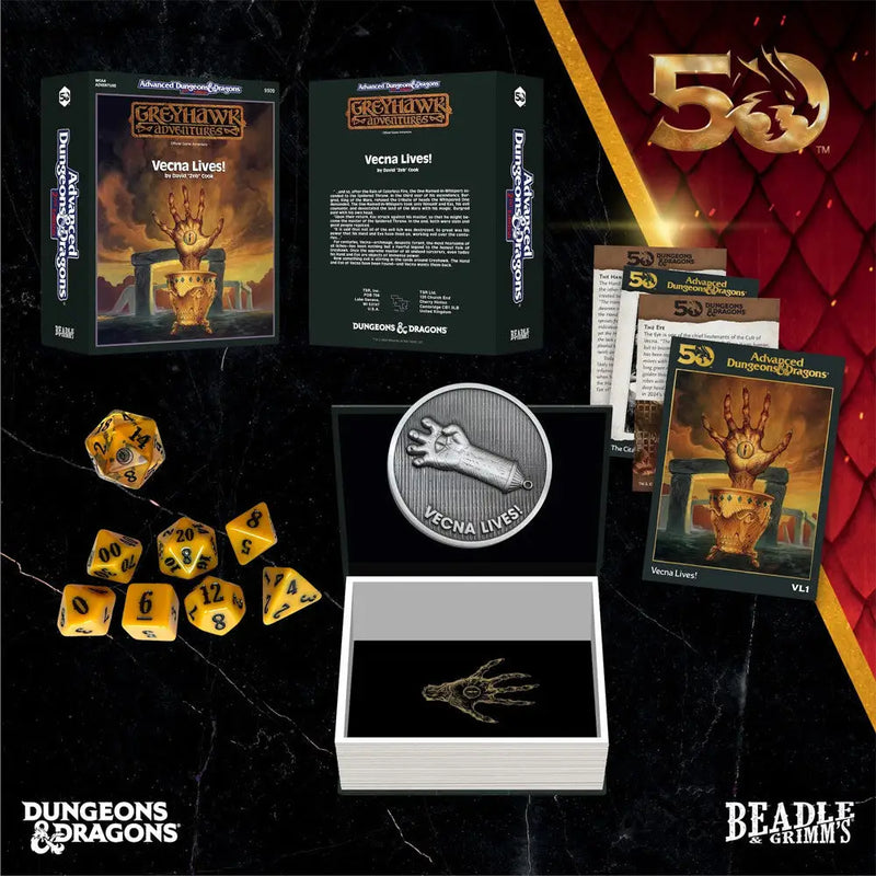 Dungeons & Dragons Vecna Lives module dice collection with dice, framed coin, and special module