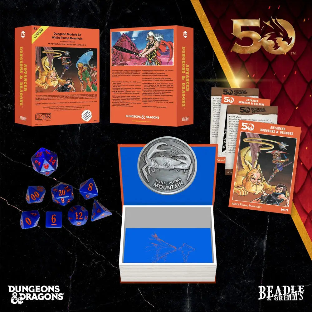 Dungeons & Dragons 50th Anniversary collector’s set with classic module dice and character cards
