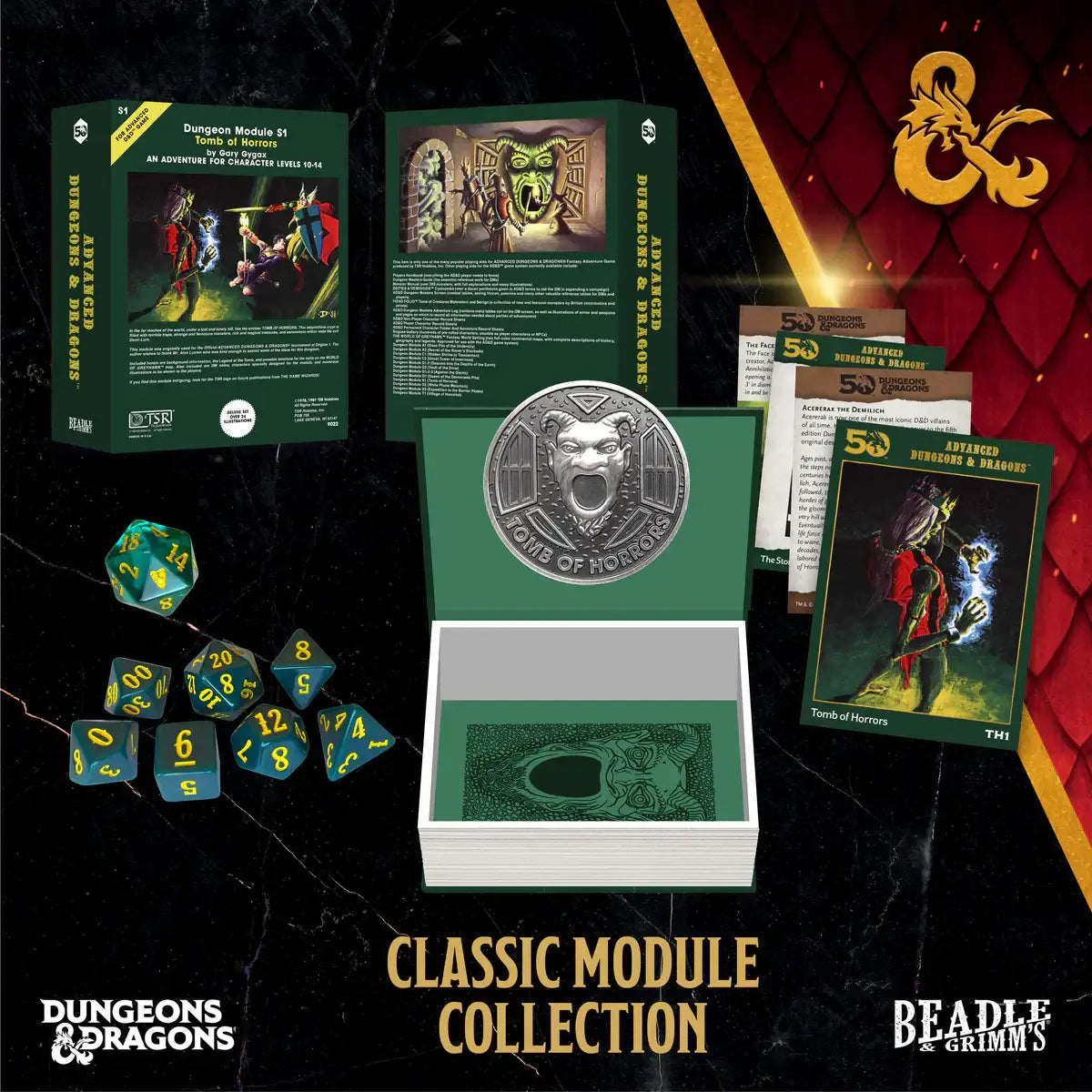 Dungeons & Dragons classic module dice collection featuring Tomb of Horrors accessories