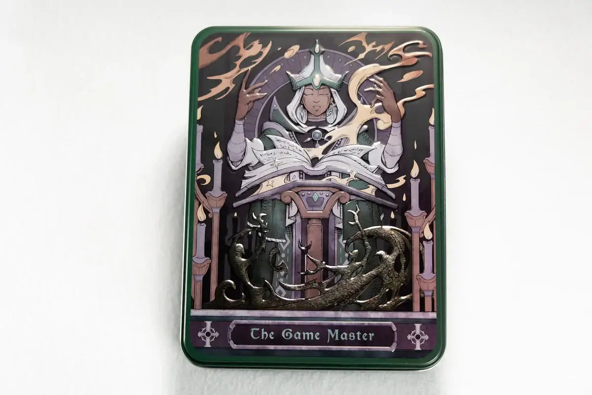 Dark green metal tin for Beadle & Grimm’s Epic Character Class Dice: game master design
