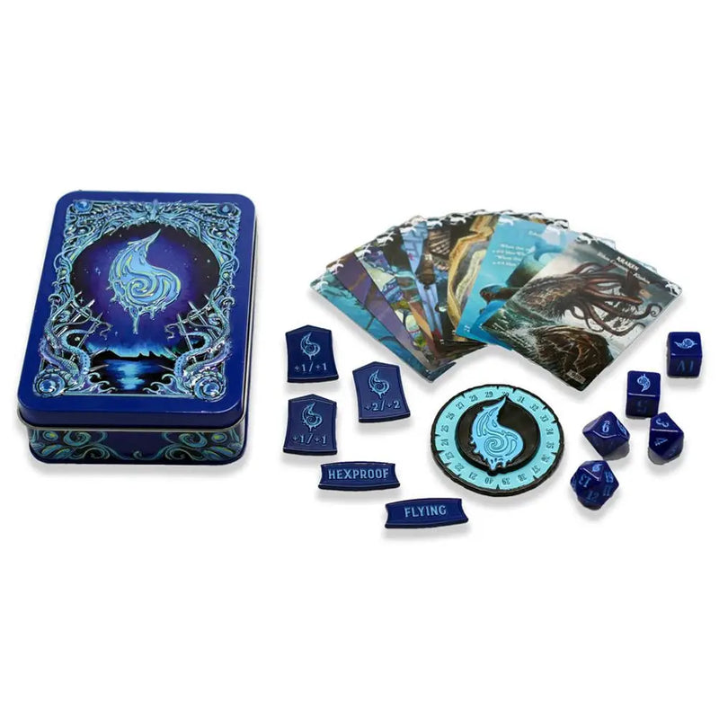 Blue decorative metal tin with tarot cards and mystical gaming token sets from Beadle & Grimm’s