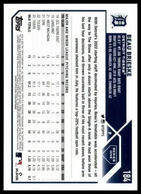 Beau Brieske 2023 Topps #184 Detroit Tigers - Baseball Card Single
