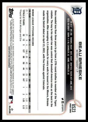 Beau Brieske Rookie 2022 Topps Update #US23 Detroit Tigers - Baseball Card Single