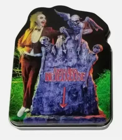 Decorative tin featuring tombstone, demons, and ghoulish figure for Beetlejuice Movie Afterlife Blue Raspberry Sour