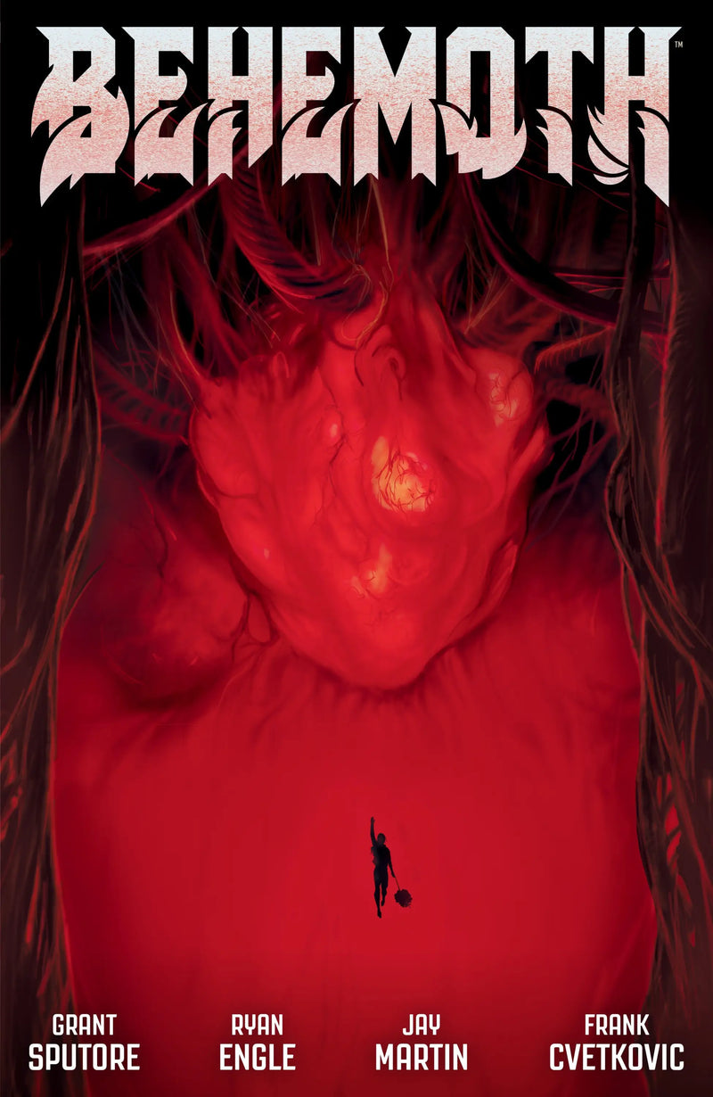 Comic book cover for Behemoth featuring a giant red heart-like organ above a tiny human, food truck theme