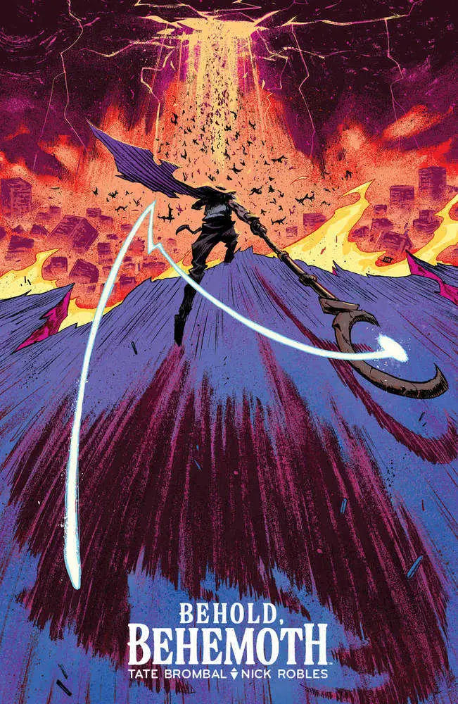 Silhouetted warrior with dual swords on mountain peak in Behold Behemoth #2 trading card