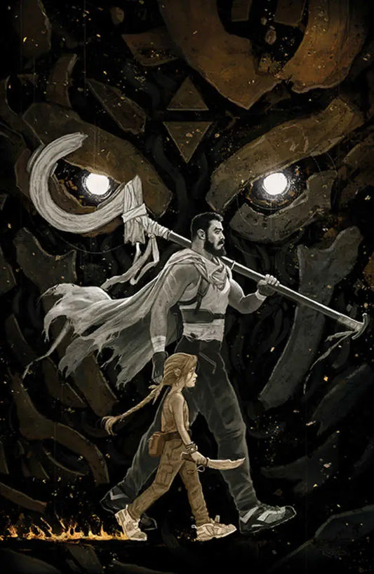 Stylized illustration of a man with a sword guiding a child in a dark setting for Behold Behemoth #2 cover variant