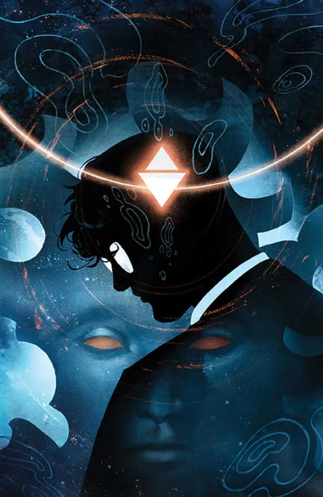 Glowing geometric shape in head silhouette, cosmic backdrop for Behold Behemoth trading cards