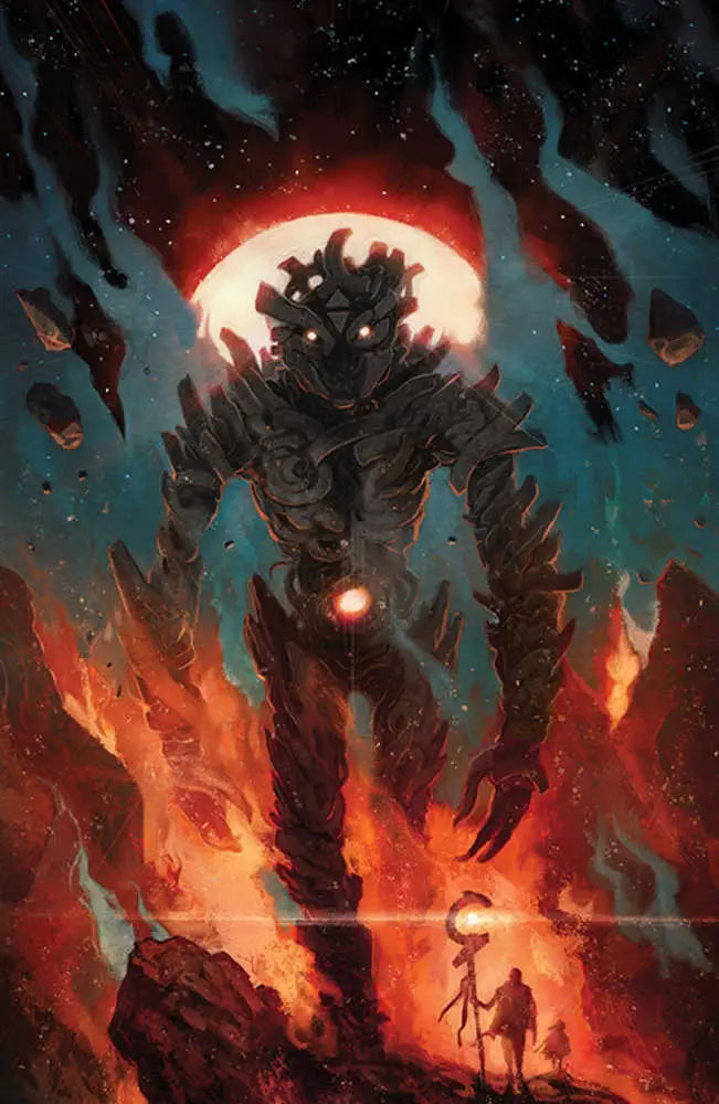 Menacing mechanical figure with flames for Behold Behemoth #5 trading cards variant