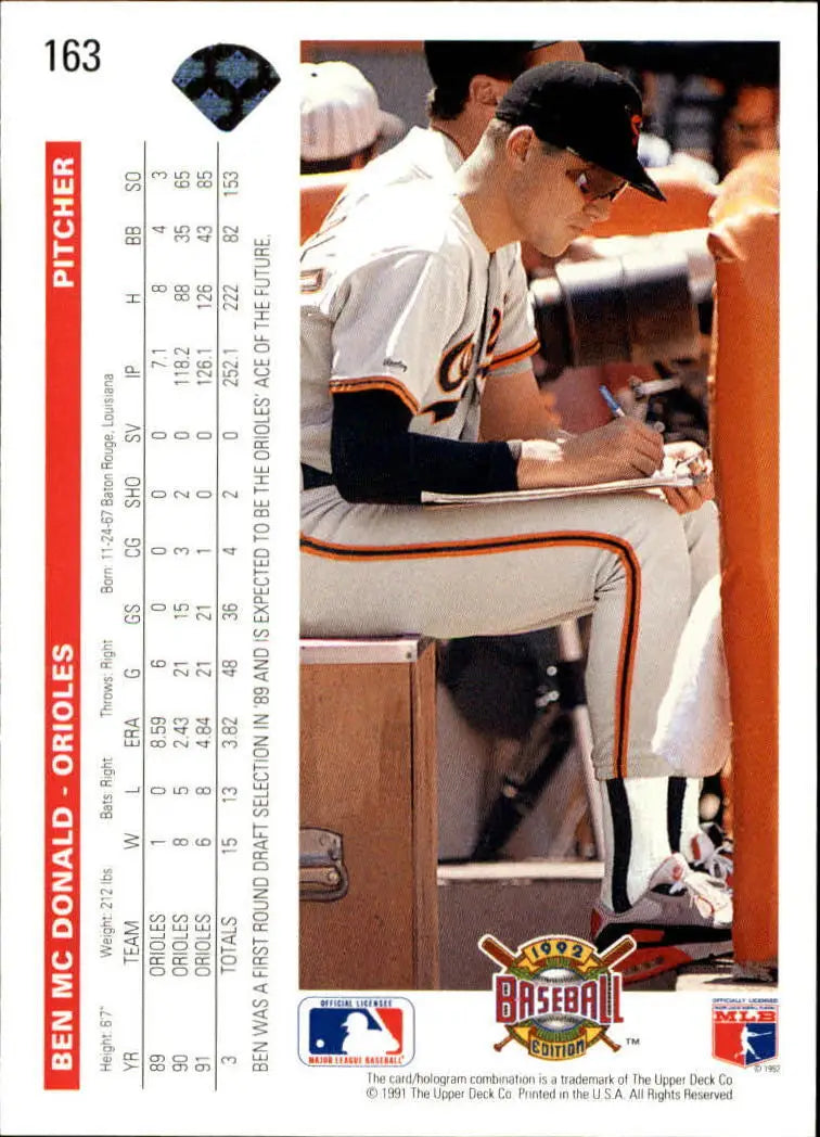 Ben McDonald 1992 Upper Deck MLB #163 Baseball Card Baltimore Orioles - Baseball Card Single