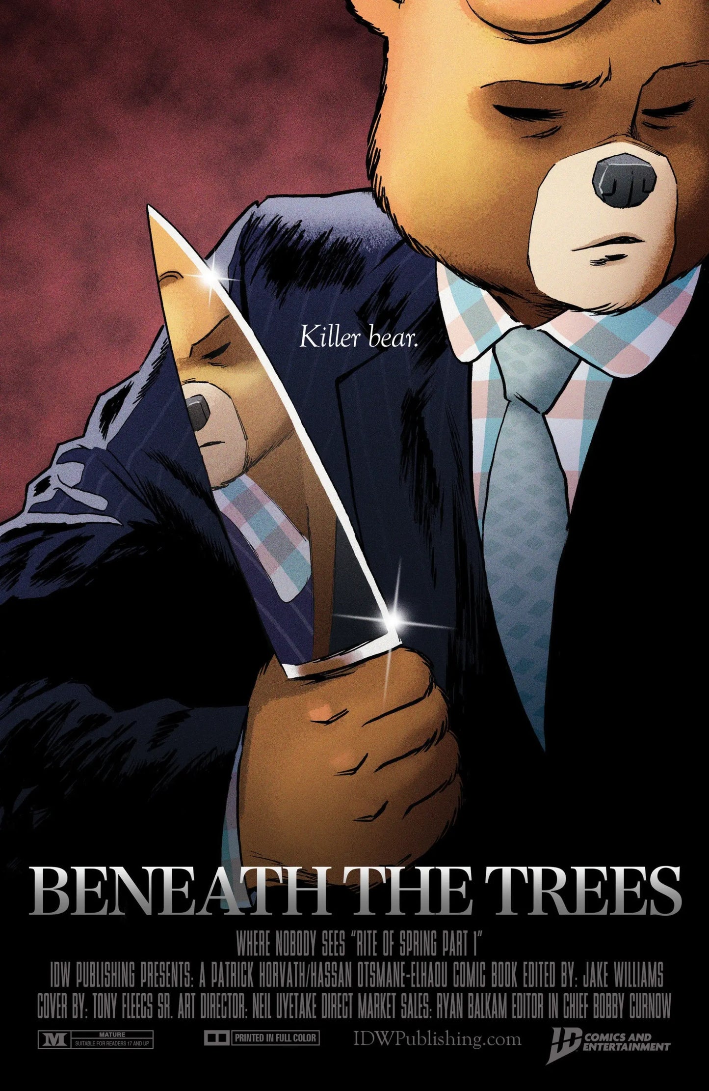 Murderous brown bear in suit holding knife on Beneath The Trees Where Nobody Sees variant cover