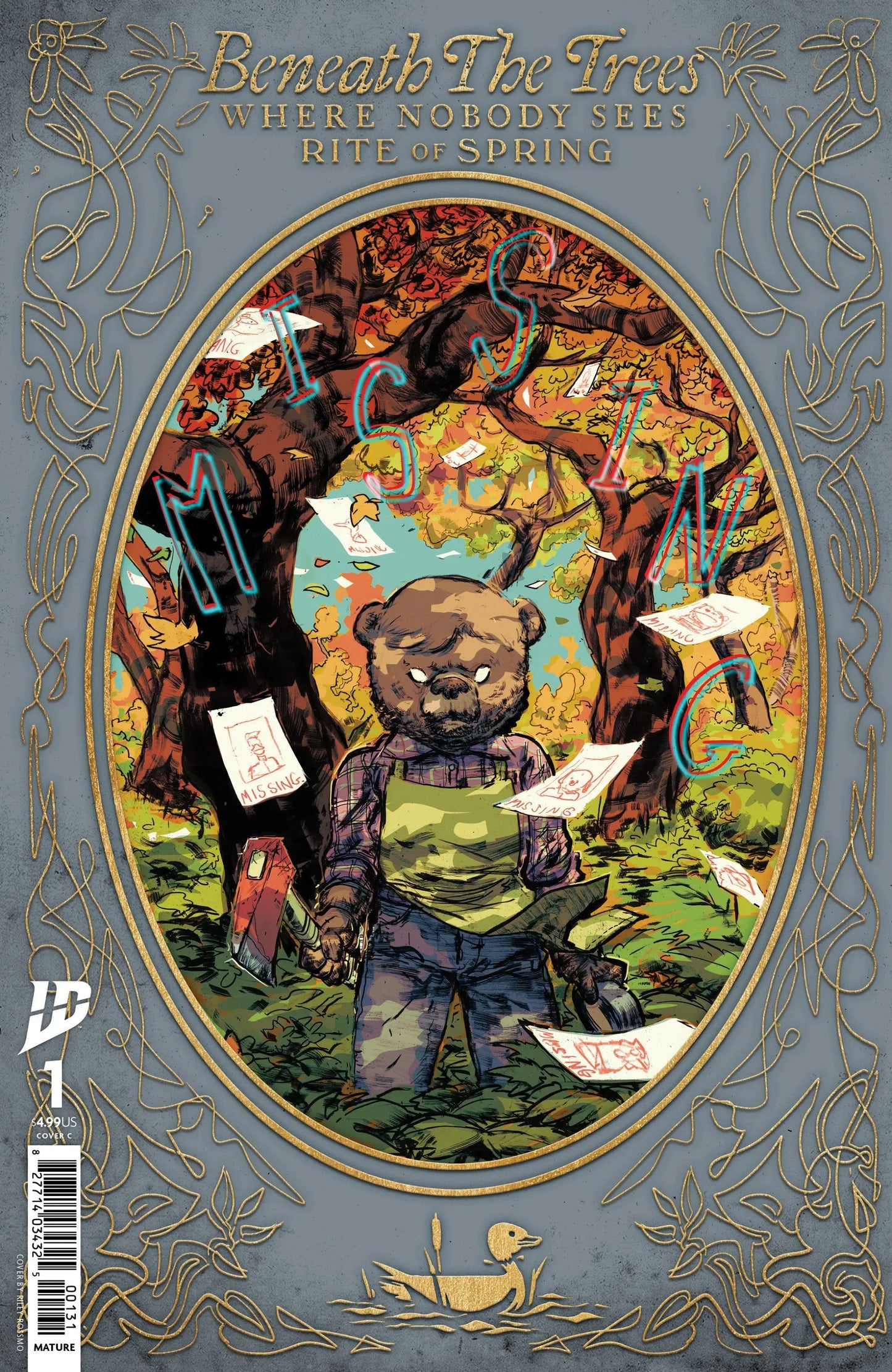 Comic book cover featuring a brown bear figure in a forest holding a weapon on Rite Of Spring Variant Cover