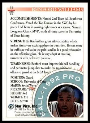 Benford Williams 1992 Star Pics #65 Texas Longhorns - Football Card Single