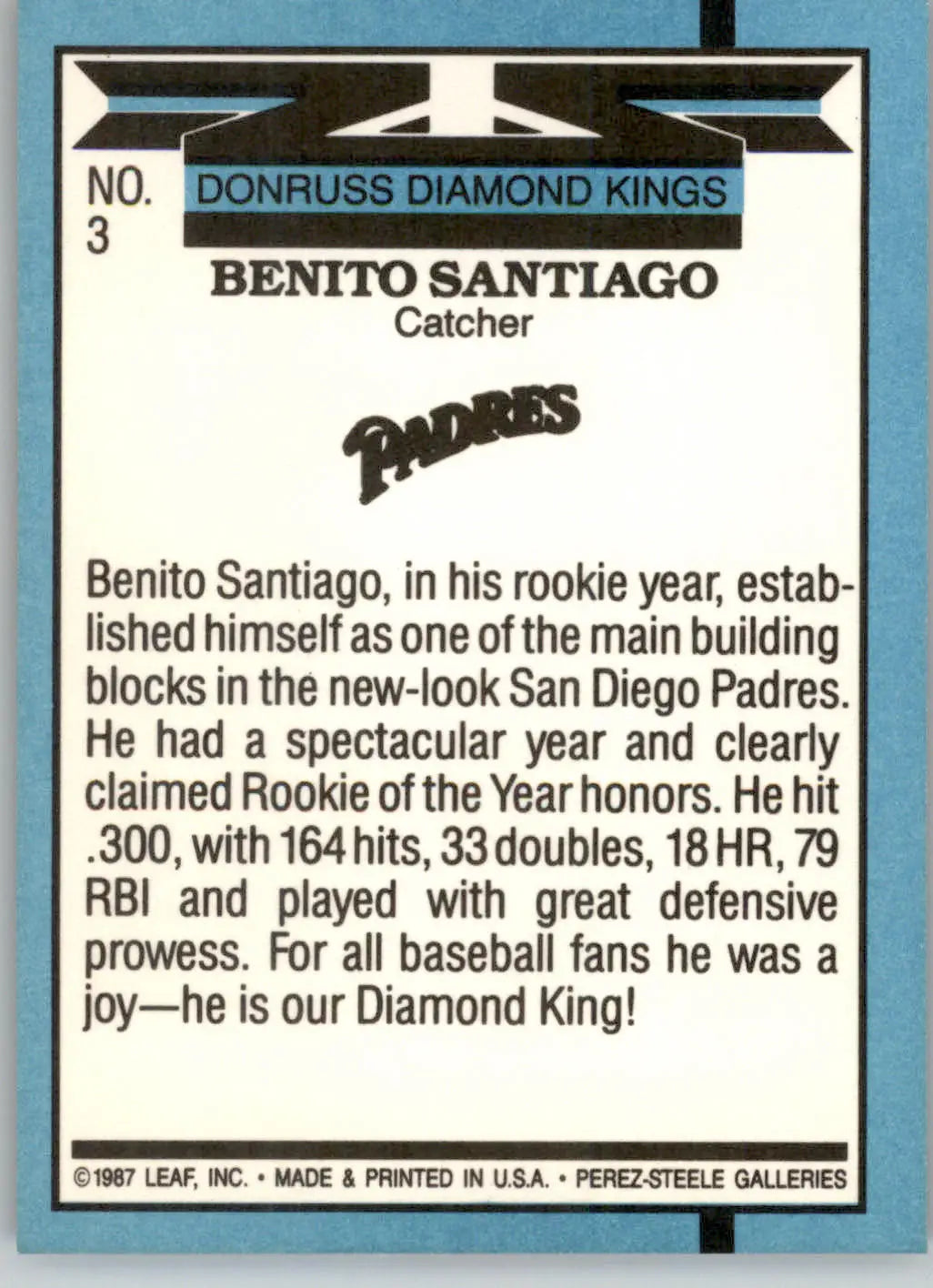 Benito Santiago - 1988 Donruss - #3 - Baseball