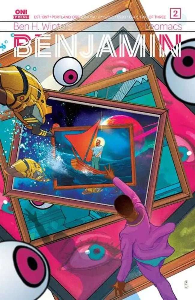 Comic book cover by Christian Ward featuring a person reaching into a framed image with floating eyeballs in Joshua Tree Desert