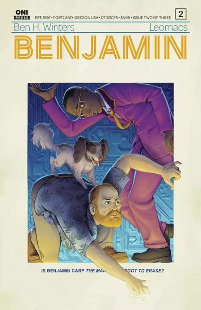 Comic book cover B Malachi Ward variant featuring two men and a small dog on blue background