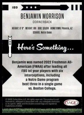 Benjamin Morrison 2025 SAGE HIT #189 Notre Dame Fighting Irish - Football Card Single