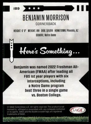Benjamin Morrison 2025 SAGE HIT Purple #189 Notre Dame Fighting Irish - Football Card Single