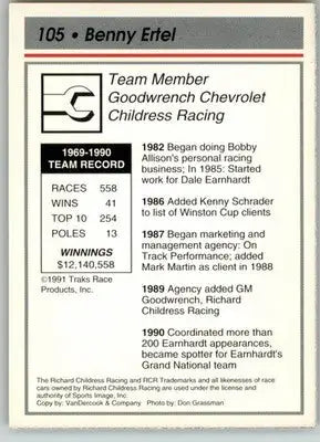 Benny Ertel - 1991 Traks - #105 - RC Racing - Racing Card Single