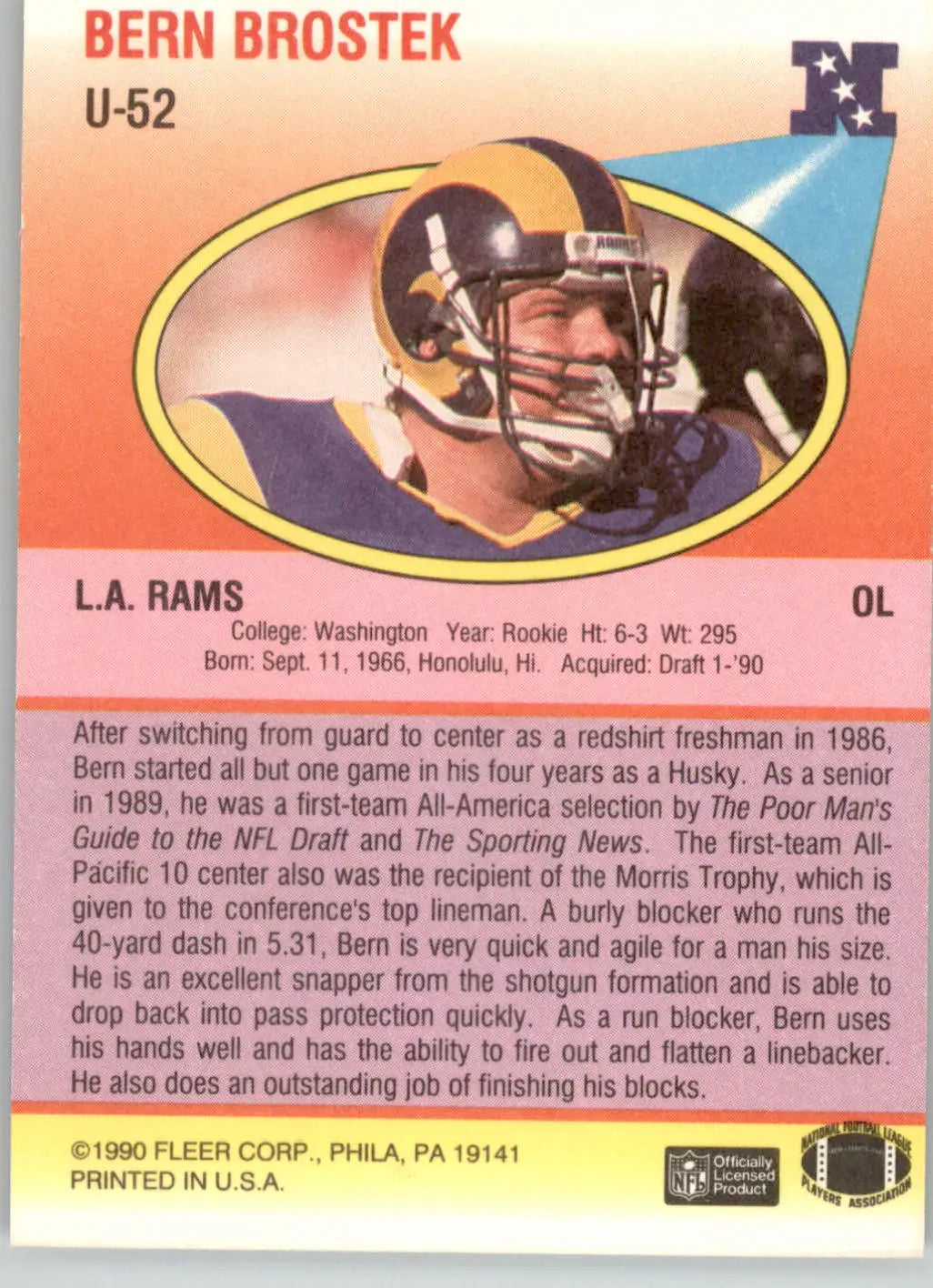 Bern Brostek - 1990 Fleer Update - #U-52 - RC Football