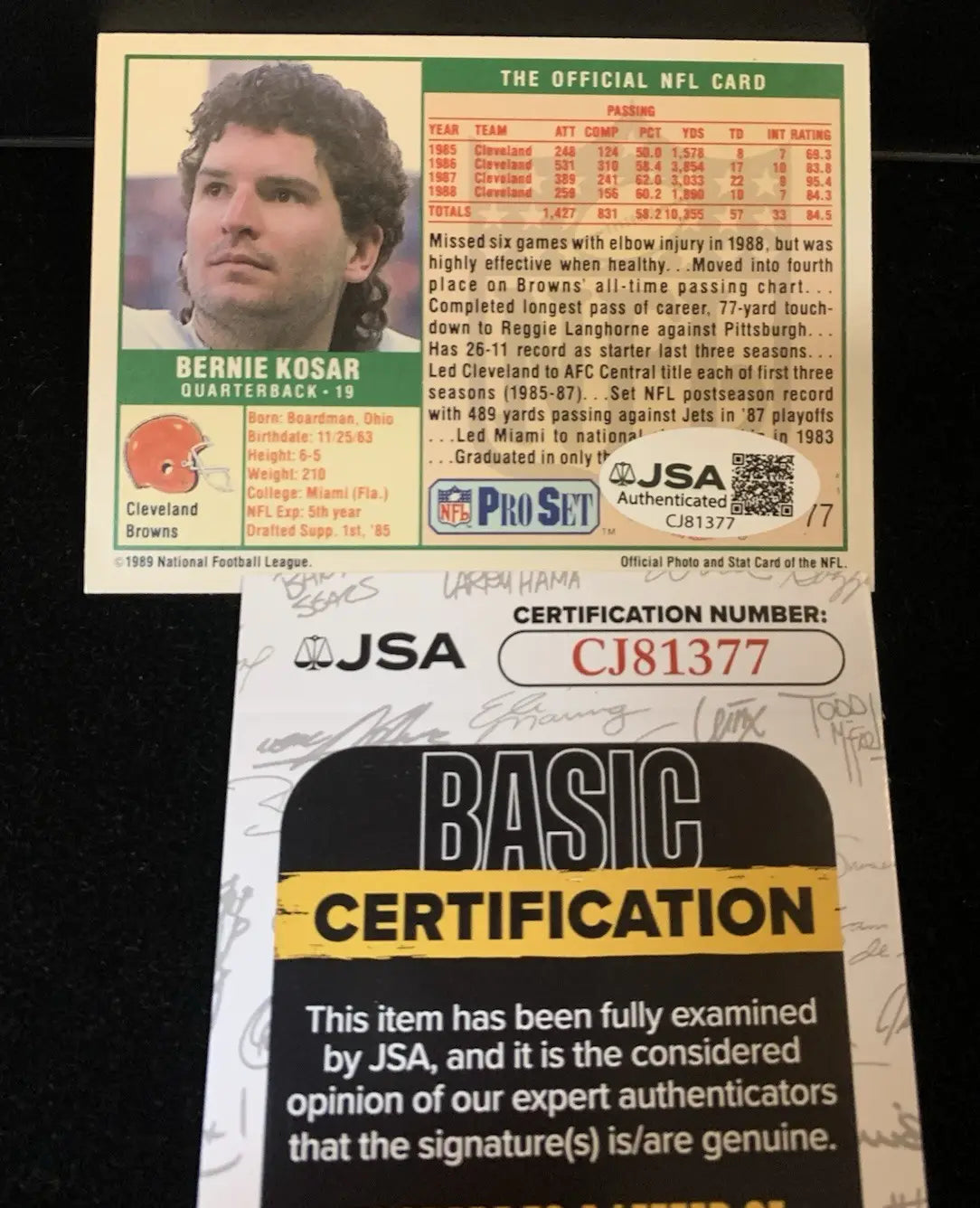 Bernie Kosar 1989 Pro Set #77 Autographed Signed Card Cleveland Browns JSA Auto - Football Card Single