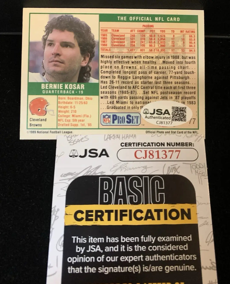 Bernie Kosar 1989 Pro Set #77 Autographed Signed Card Cleveland Browns JSA Auto - Football Card Single