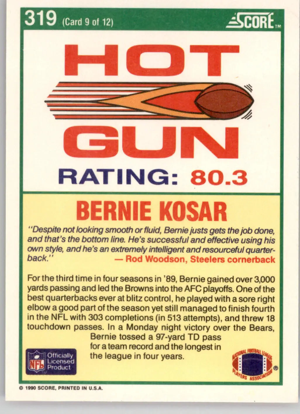 Bernie Kosar - 1990 Score - #319 - Football
