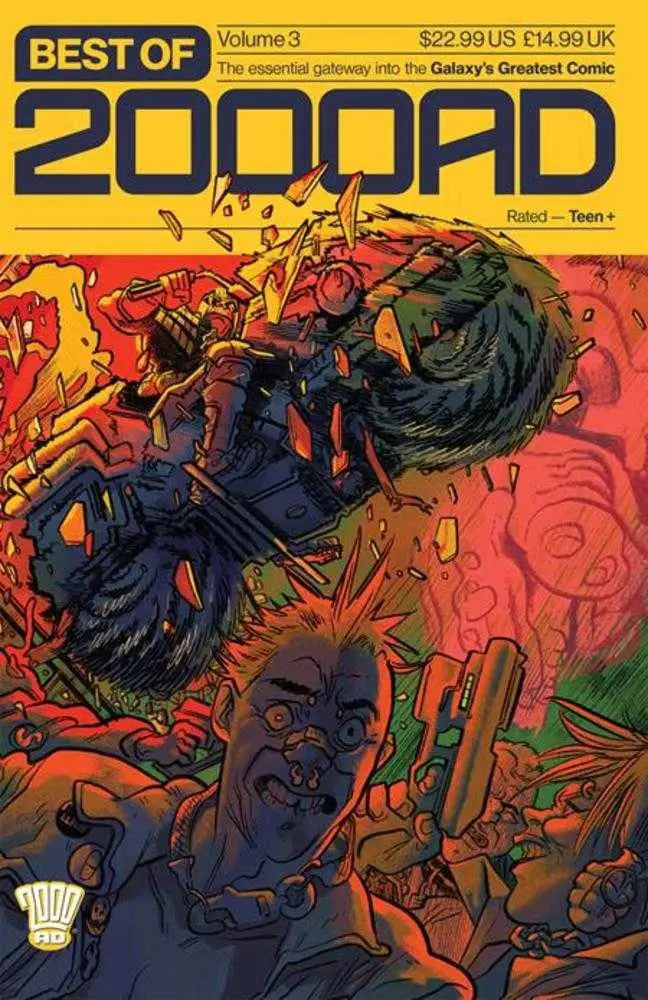 Vibrant comic book cover with chaotic action and grotesque characters from Judge Dredd, an essential gateway to the greatest comic