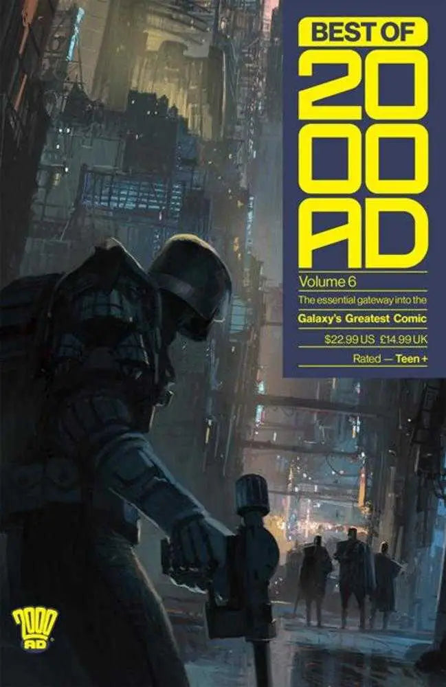 Judge Dredd comic book featuring a futuristic dystopian cityscape and armored figure