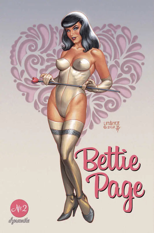 Pin-up style artwork of Bettie Page on trading cards with a heart pattern background