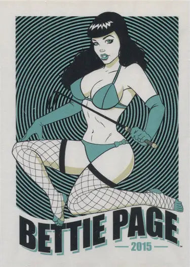 Pin-up illustration of a woman in teal lingerie for Bettie Page promo card